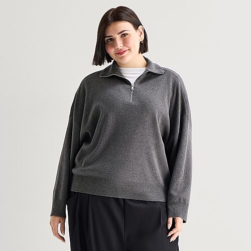 Ana Plus Quarter Zip Womens Long Sleeve Striped Pullover Sweater In Gray