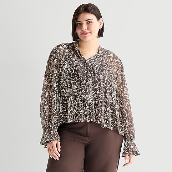 A.N.A Womens Plus Split Tie Neck Long Sleeve Blouse