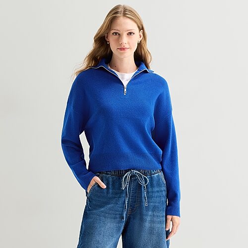 Ana Quarter Zip Womens Long Sleeve Pullover Sweater In Blue