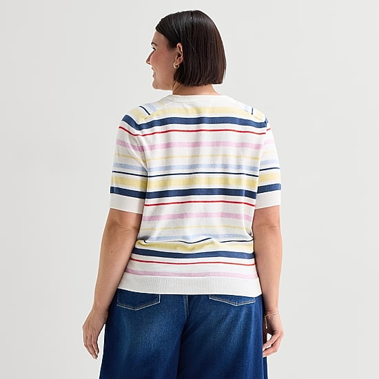 A.N.A Plus Womens Crew Neck Short Sleeve Striped Pullover Sweater