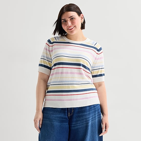 A.N.A Plus Womens Crew Neck Short Sleeve Striped Pullover Sweater