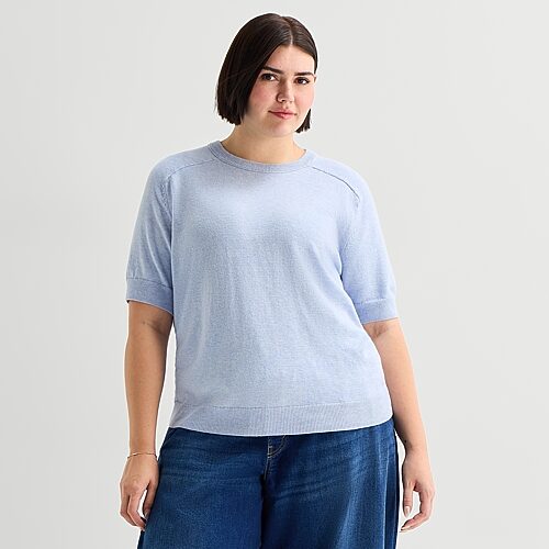 Ana Plus Womens Crew Neck Short Sleeve Striped Pullover Sweater In Blue