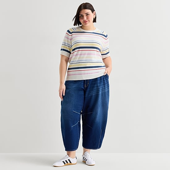 A.N.A Plus Womens Crew Neck Short Sleeve Striped Pullover Sweater