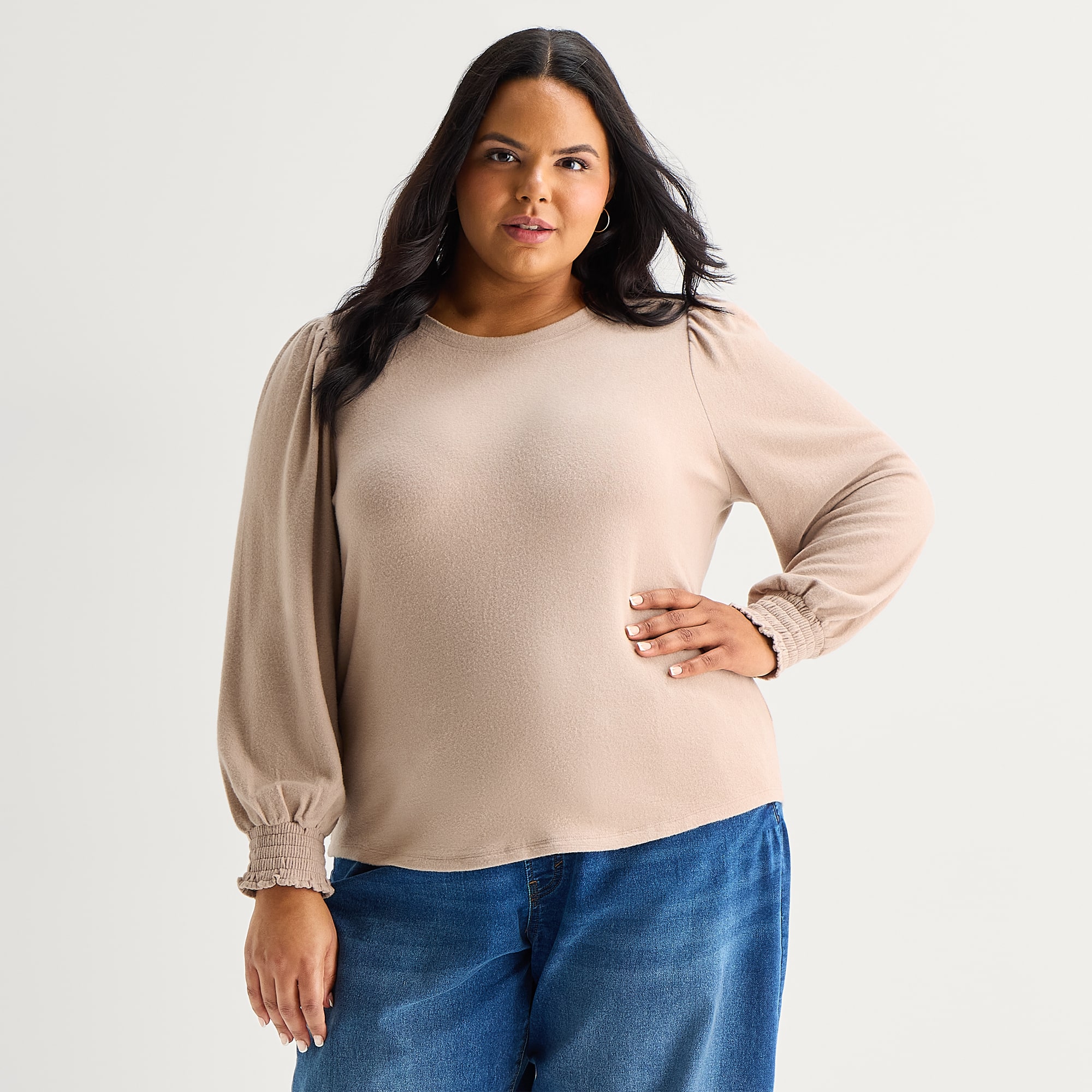A.N.A Brushed Womens Plus Crew Neck Long Sleeve T-Shirt