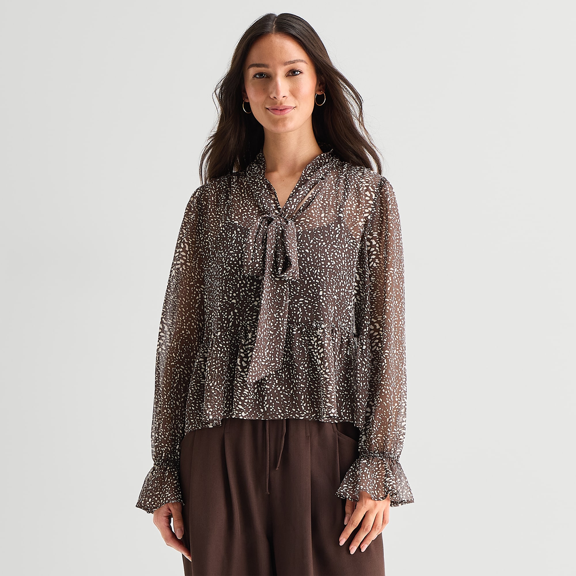 A.N.A Womens Split Tie Neck Long Sleeve Blouse
