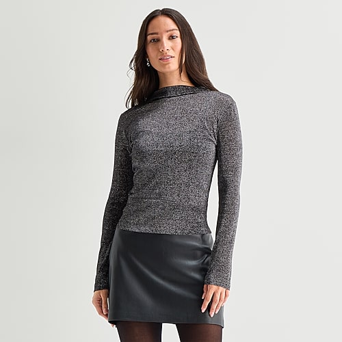 A.N.A Shine Womens Funnel Neck Long Sleeve T-Shirt, X-large, Black