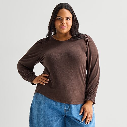 A.N.A Brushed Womens Plus Crew Neck Long Sleeve T-Shirt, 4x, Brown