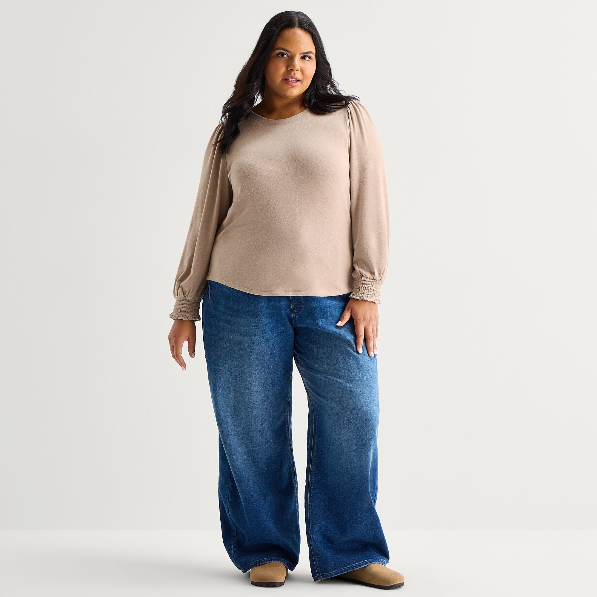 A.N.A Brushed Womens Plus Crew Neck Long Sleeve T-Shirt
