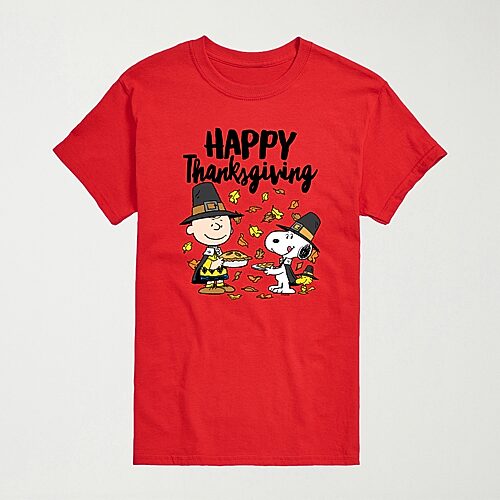 Happy Thanksgiving Pie Mens Crew Neck Short Sleeve Regular Fit Peanuts Snoopy Big and Tall Graphic T-Shirt, X-large Tall, Red