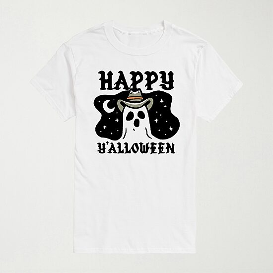 Happy Yalloween Cowboy Ghost Mens Crew Neck Short Sleeve Regular Fit Big and Tall Graphic T-Shirt