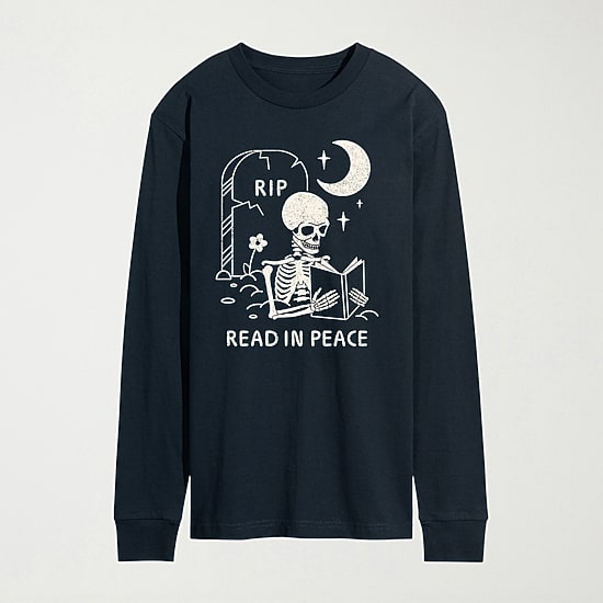 Read In Peace Skeleton Halloween Mens Crew Neck Long Sleeve Regular Fit Big and Tall Graphic T-Shirt