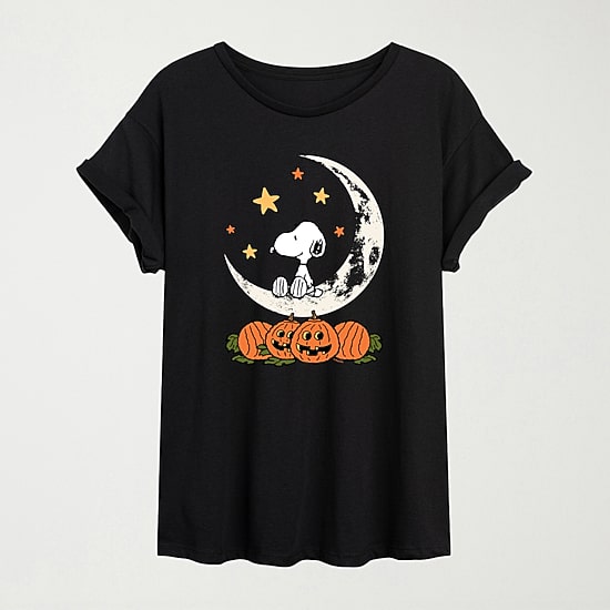 Snoopy Halloween Moon Womens Crew Neck Short Sleeve Oversized Graphic T-Shirt