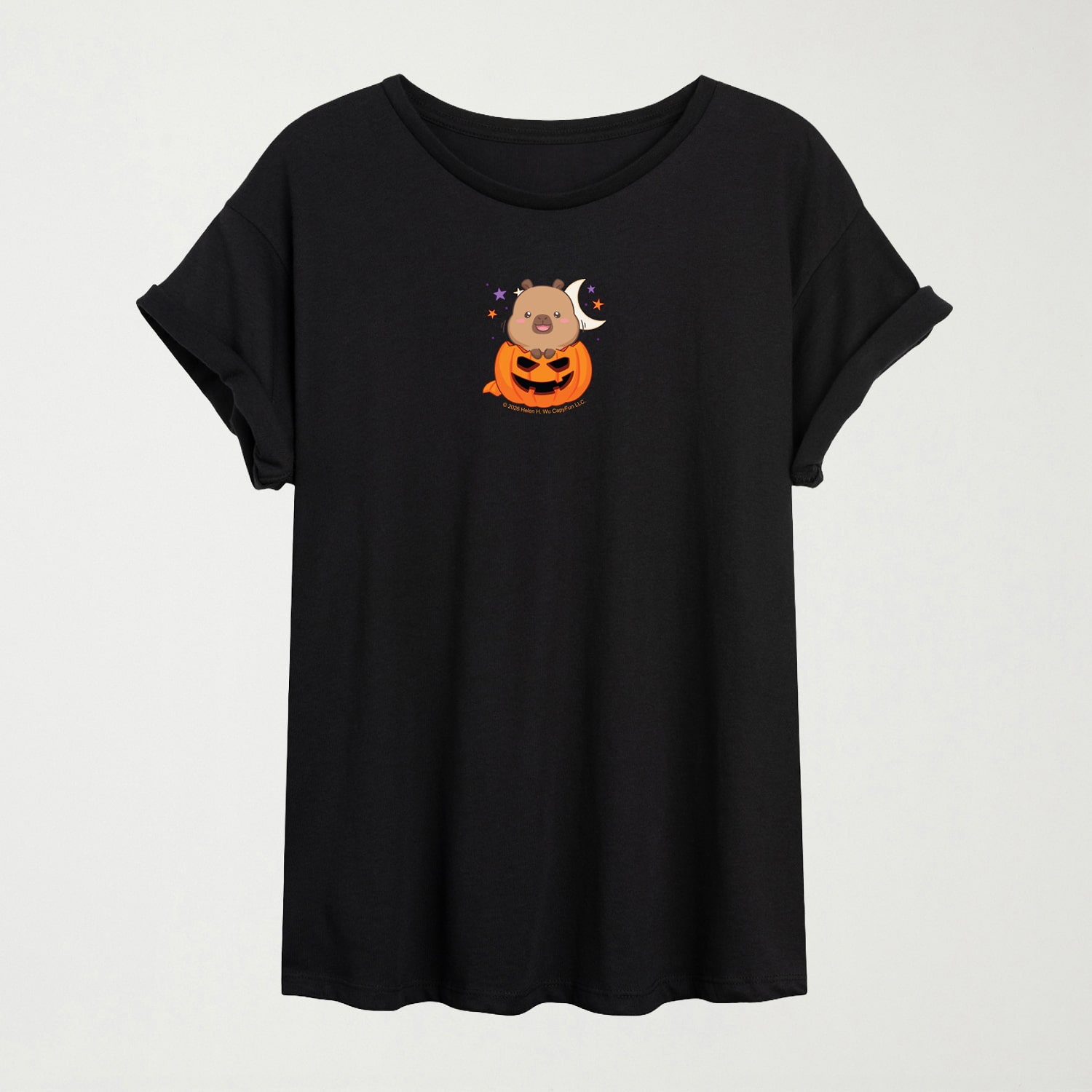 Capybara Pumpkin Jackolantern Womens Crew Neck Short Sleeve Oversized Graphic T-Shirt
