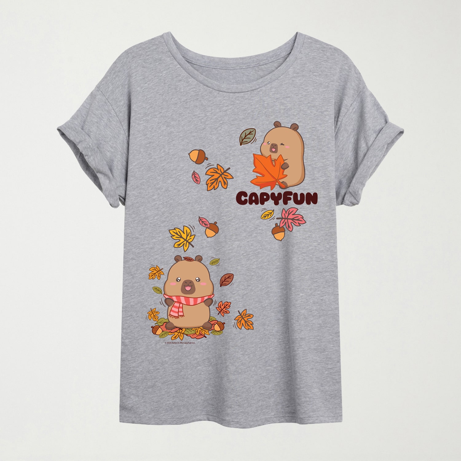 Capybara Fall Leaves Womens Crew Neck Short Sleeve Oversized Graphic T-Shirt
