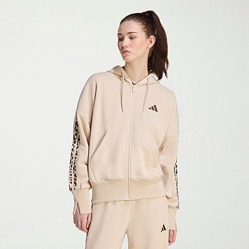 adidas Women's Seasonal Essentials Animal Print 3-Stripes Hooded Track Jacket - Crystal Linen/Multicolor/Khaki Six