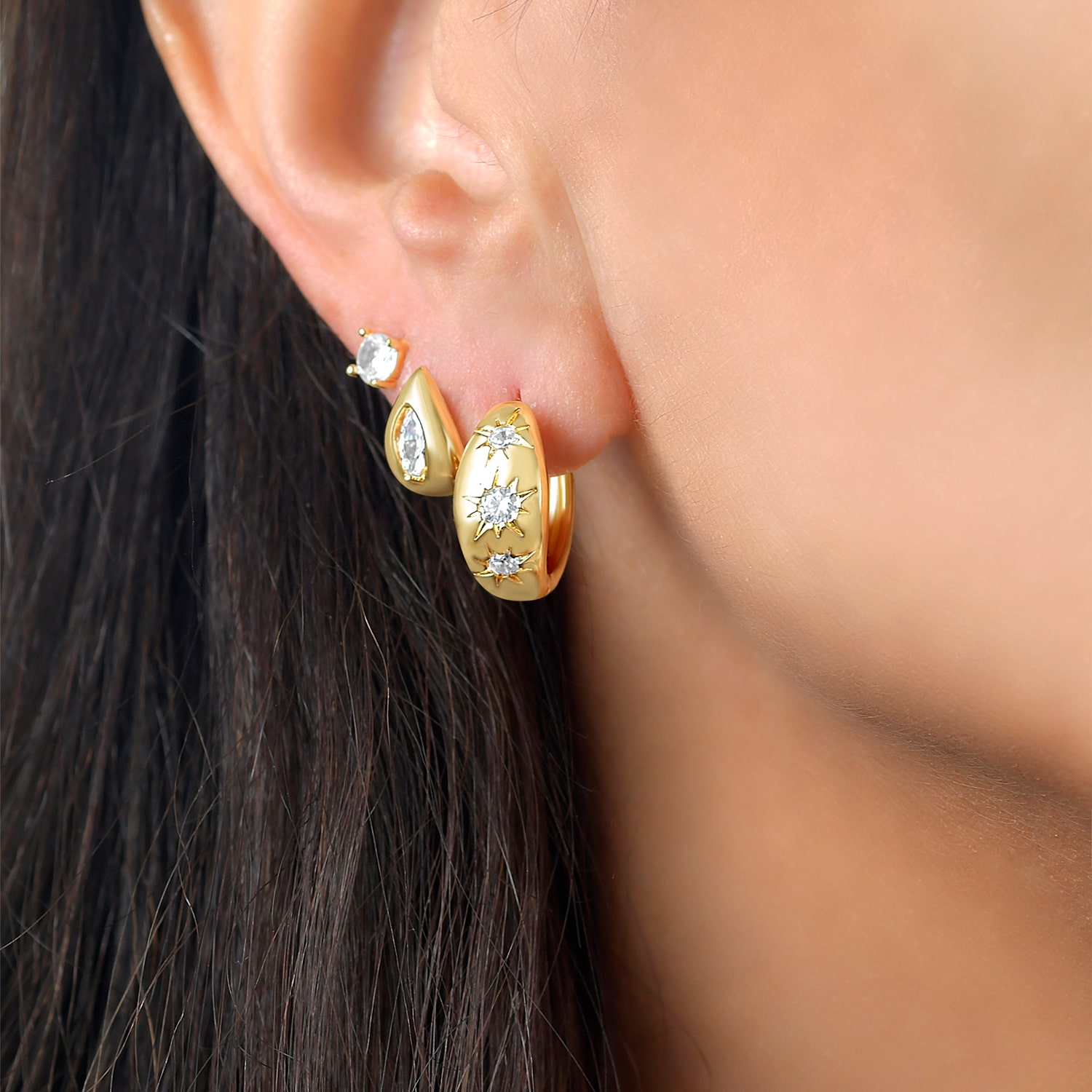 RM Rebecca Minkoff Womens Cubic Zirconia 14K Gold Over Brass 3 Pair Earring Set