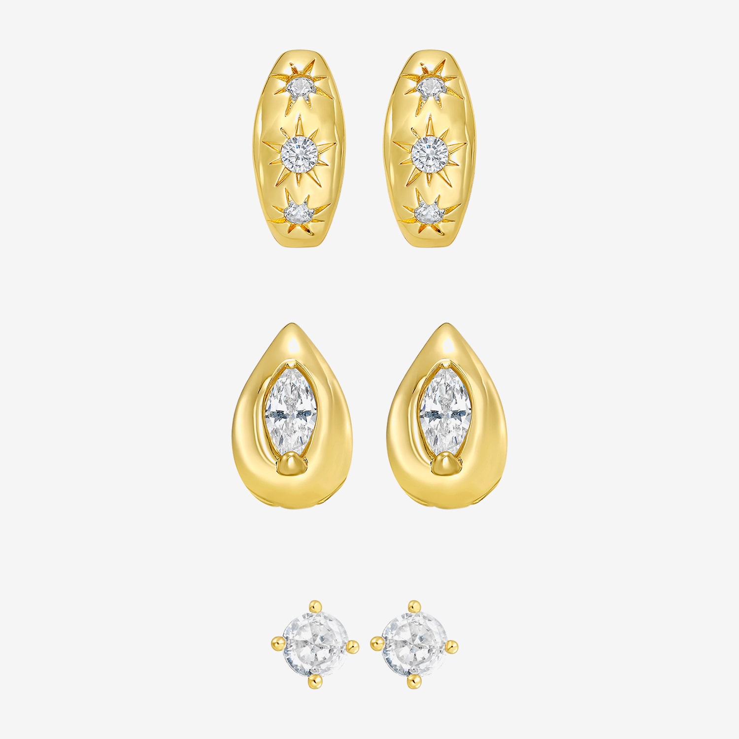 RM Rebecca Minkoff Womens Cubic Zirconia 14K Gold Over Brass 3 Pair Earring Set
