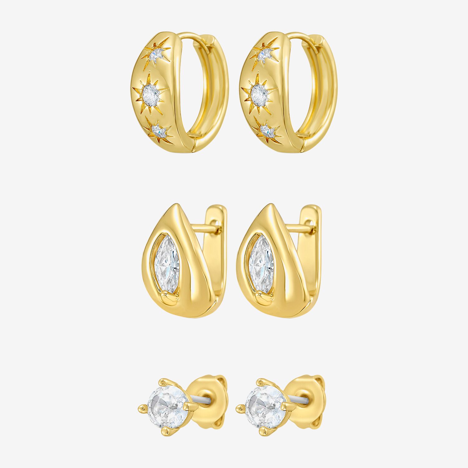 RM Rebecca Minkoff Womens Cubic Zirconia 14K Gold Over Brass 3 Pair Earring Set