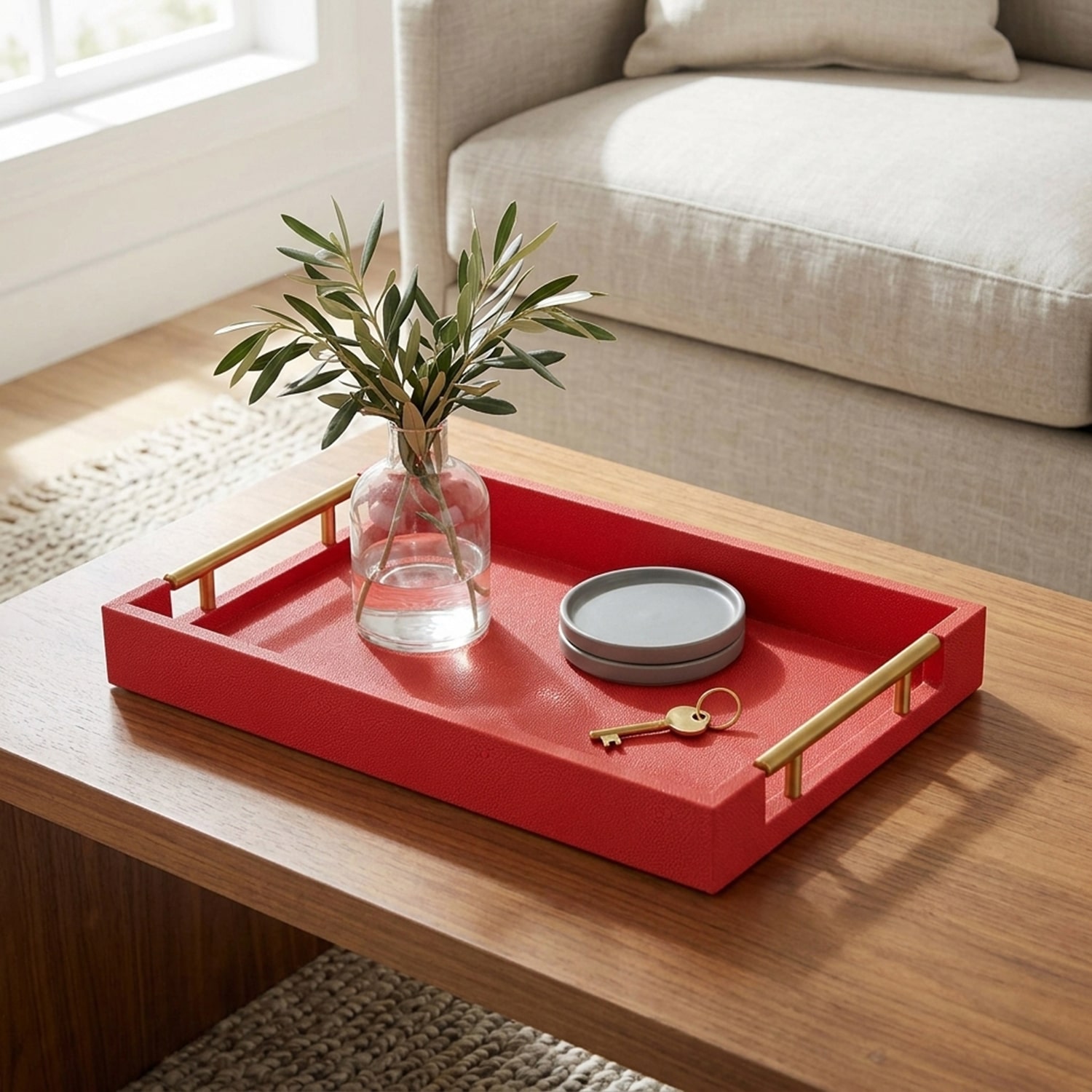 Cheungs Red Faux Shagreen Rectangular Decorative Tray