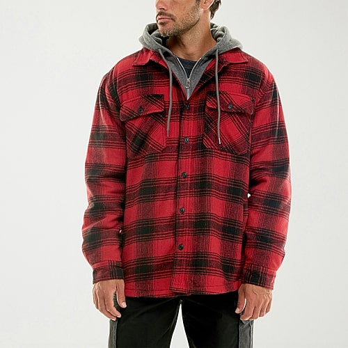 Hallstatt Workwear Mens Hooded Sherpa Lined Midweight Shirt Jacket In Red