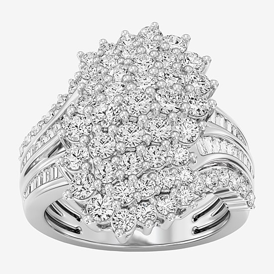 (F / Si1-Si2) Womens 3 CT. T.W. Lab Grown White Diamond 14K Gold Over Silver Cluster Side Stone Cocktail Ring