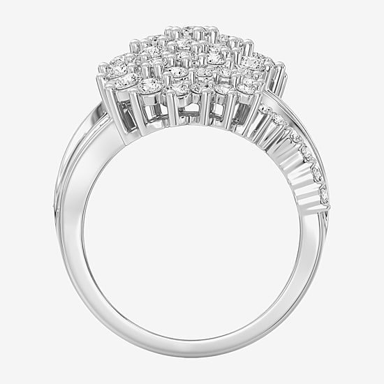 (F / Si1-Si2) Womens 3 CT. T.W. Lab Grown White Diamond 14K Gold Over Silver Cluster Side Stone Cocktail Ring