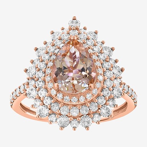 Effy Final Call Limited Quantities! Womens 1/10 CT. T.W. Genuine Pink Morganite 14K Two Tone Gold Pear Halo Side Stone Cocktail Ring, 7, Pink