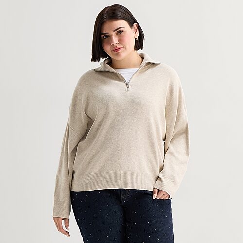 Ana Plus Quarter Zip Womens Long Sleeve Striped Pullover Sweater In Beige