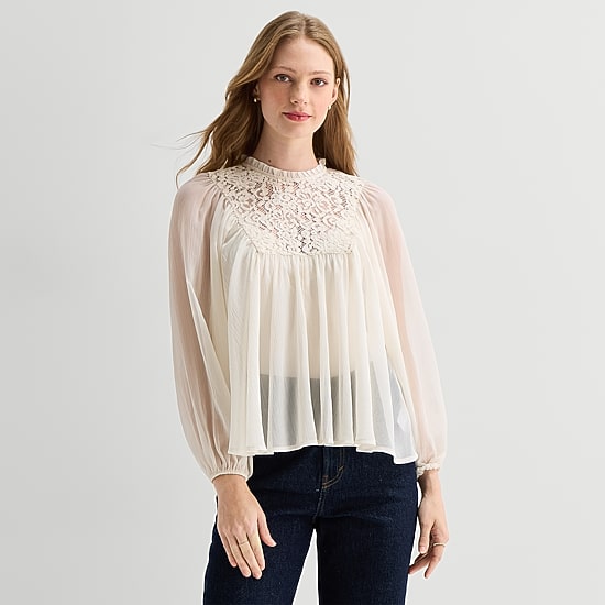 A.N.A Womens Round Neck Long Sleeve Blouse