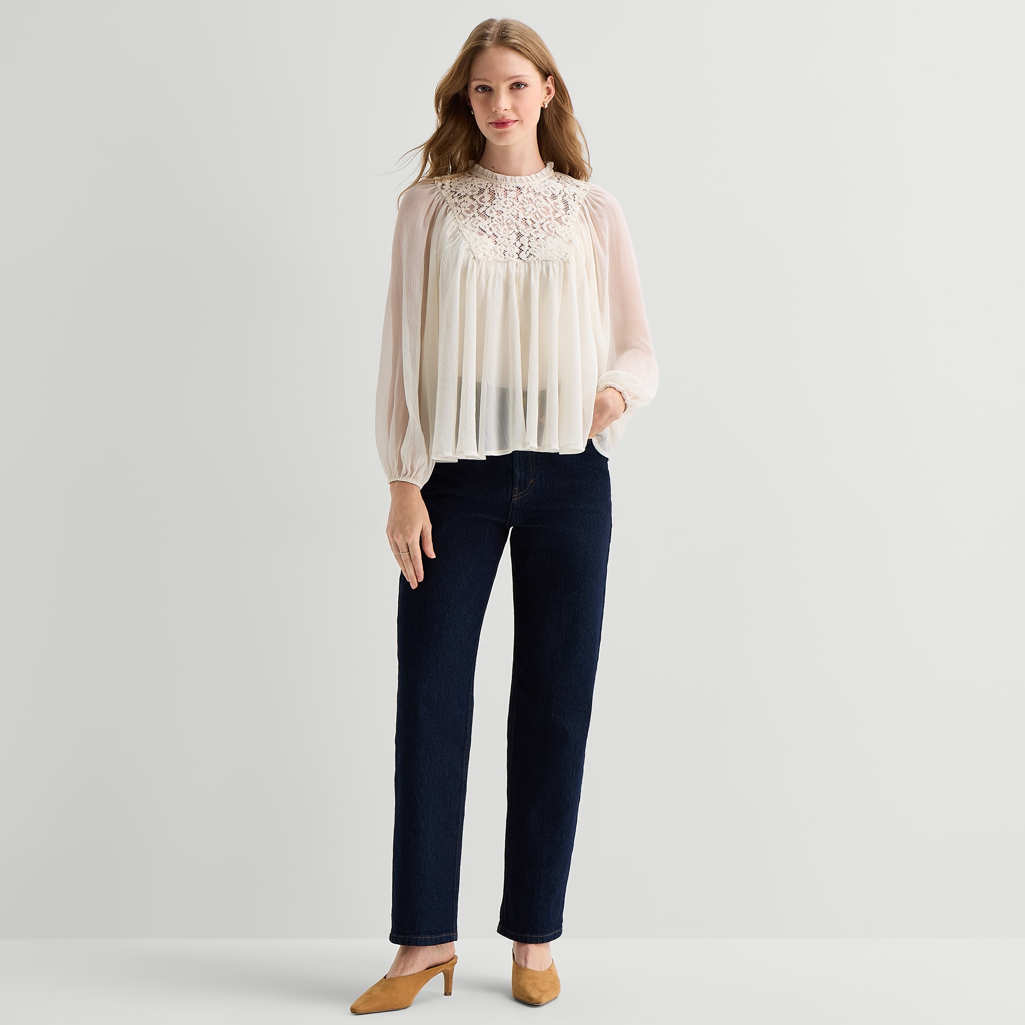 A.N.A Womens Round Neck Long Sleeve Blouse