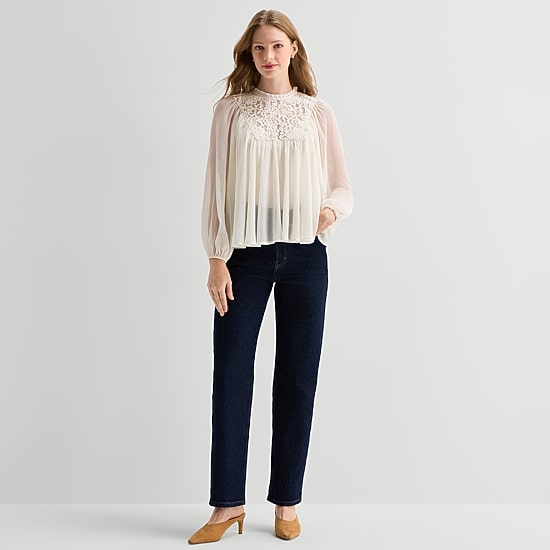 A.N.A Womens Round Neck Long Sleeve Blouse