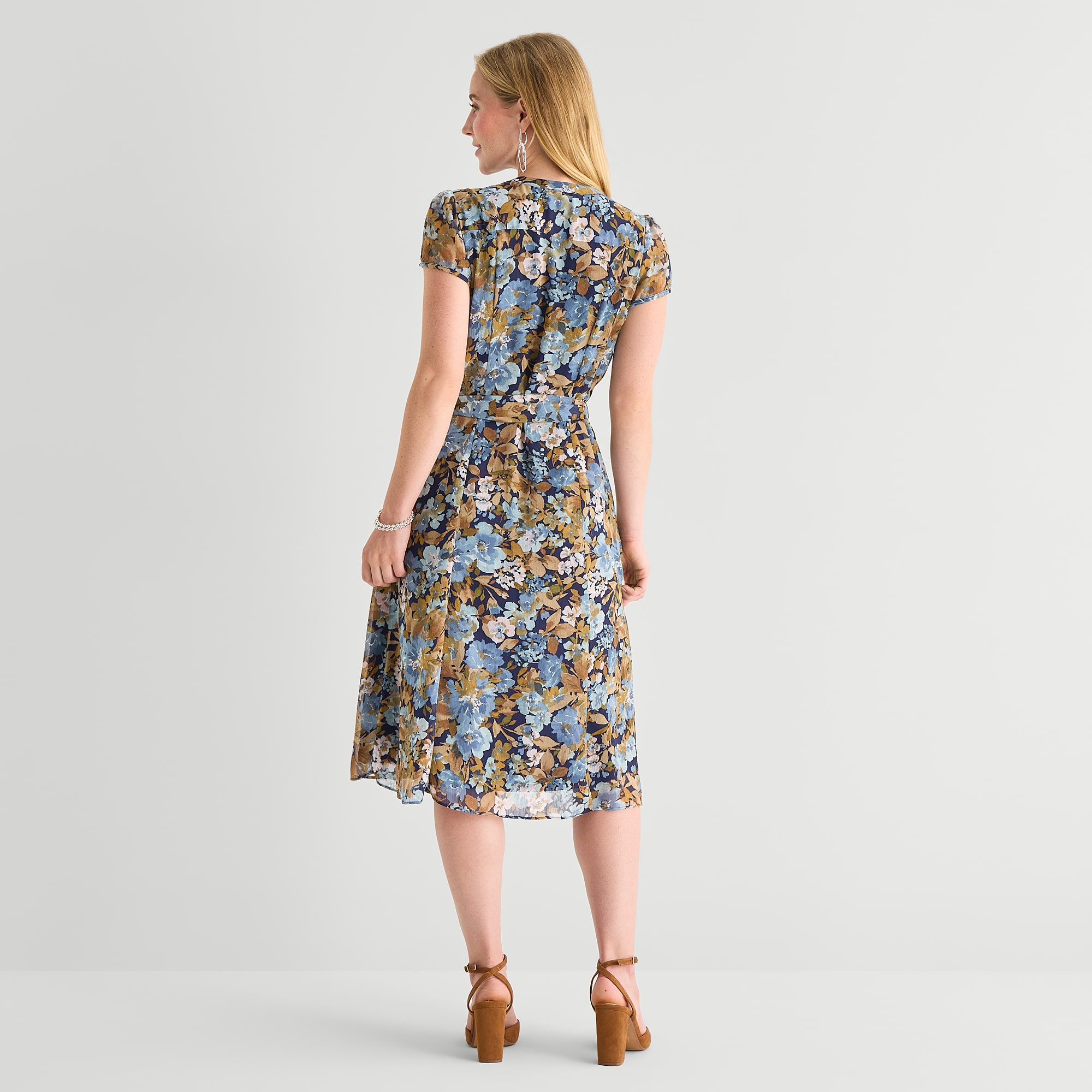 MSK Womens Petite Short Sleeve Midi Floral Shirt Dress