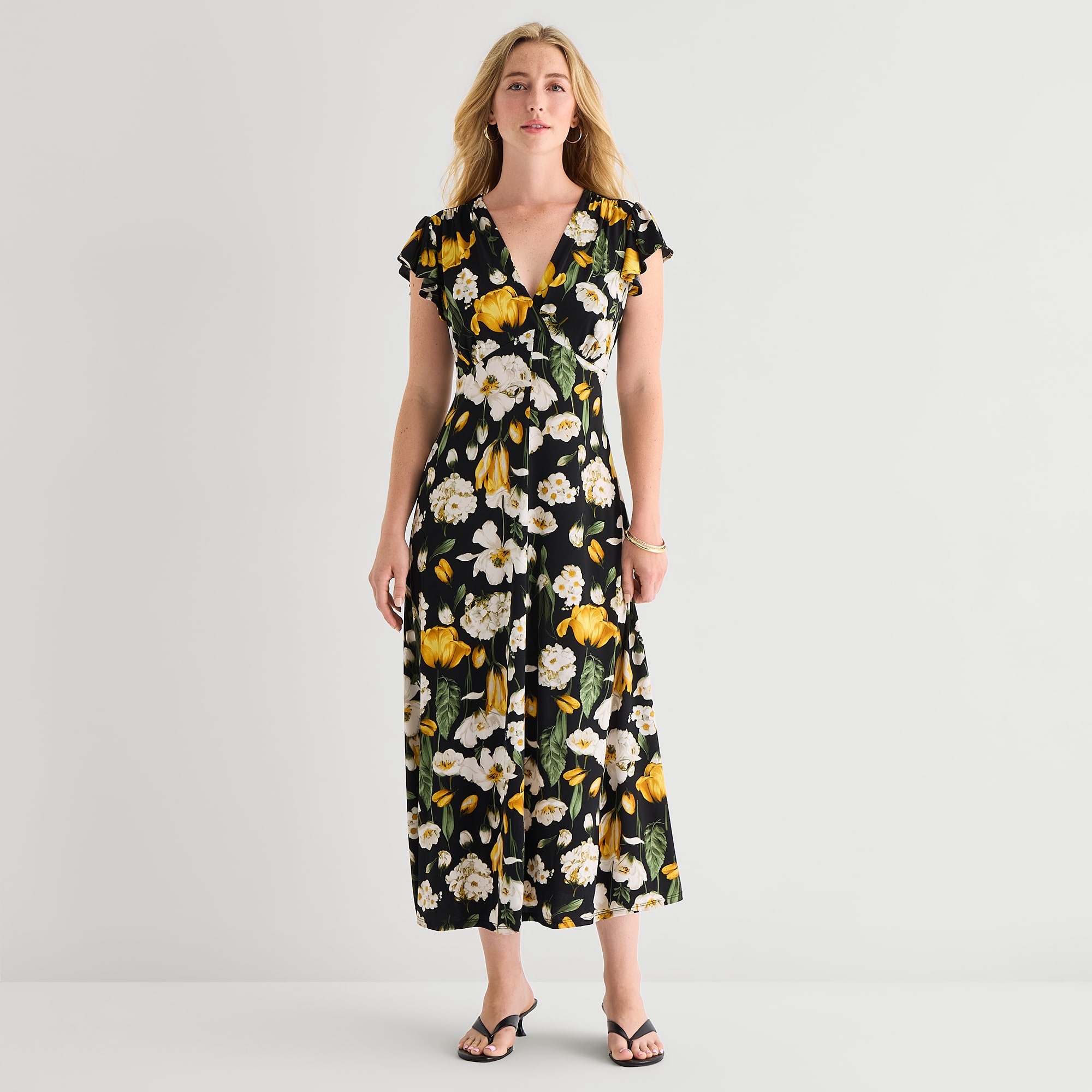 MSK Womens Petite V Neck Short Sleeve Flutter Maxi Dress