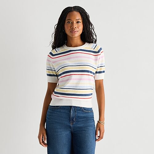 Ana Womens Crew Neck Short Sleeve Pullover Sweater In White