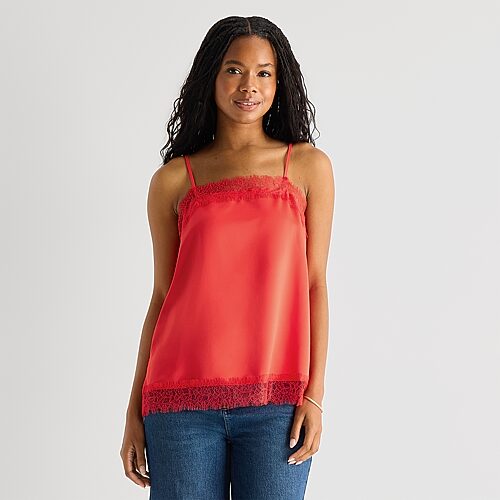 A.N.A Satin Womens Square Neck Sleeveless Lace Trim Camisole, Large, Red