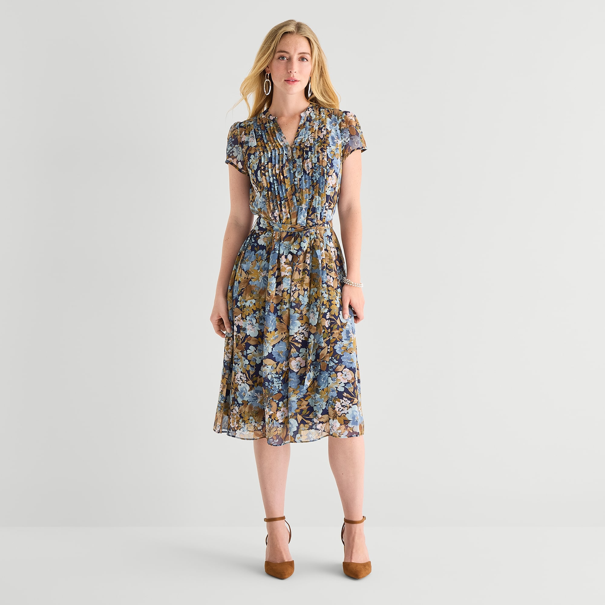 MSK Womens Petite Short Sleeve Midi Floral Shirt Dress