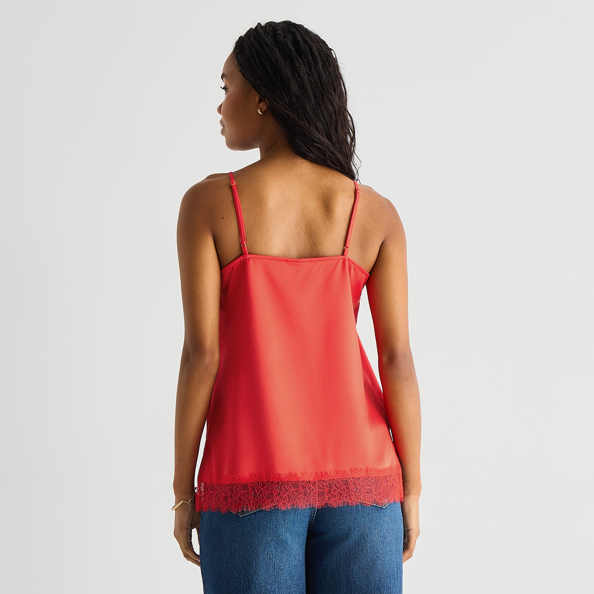 A.N.A Satin Womens Square Neck Sleeveless Lace Trim Camisole