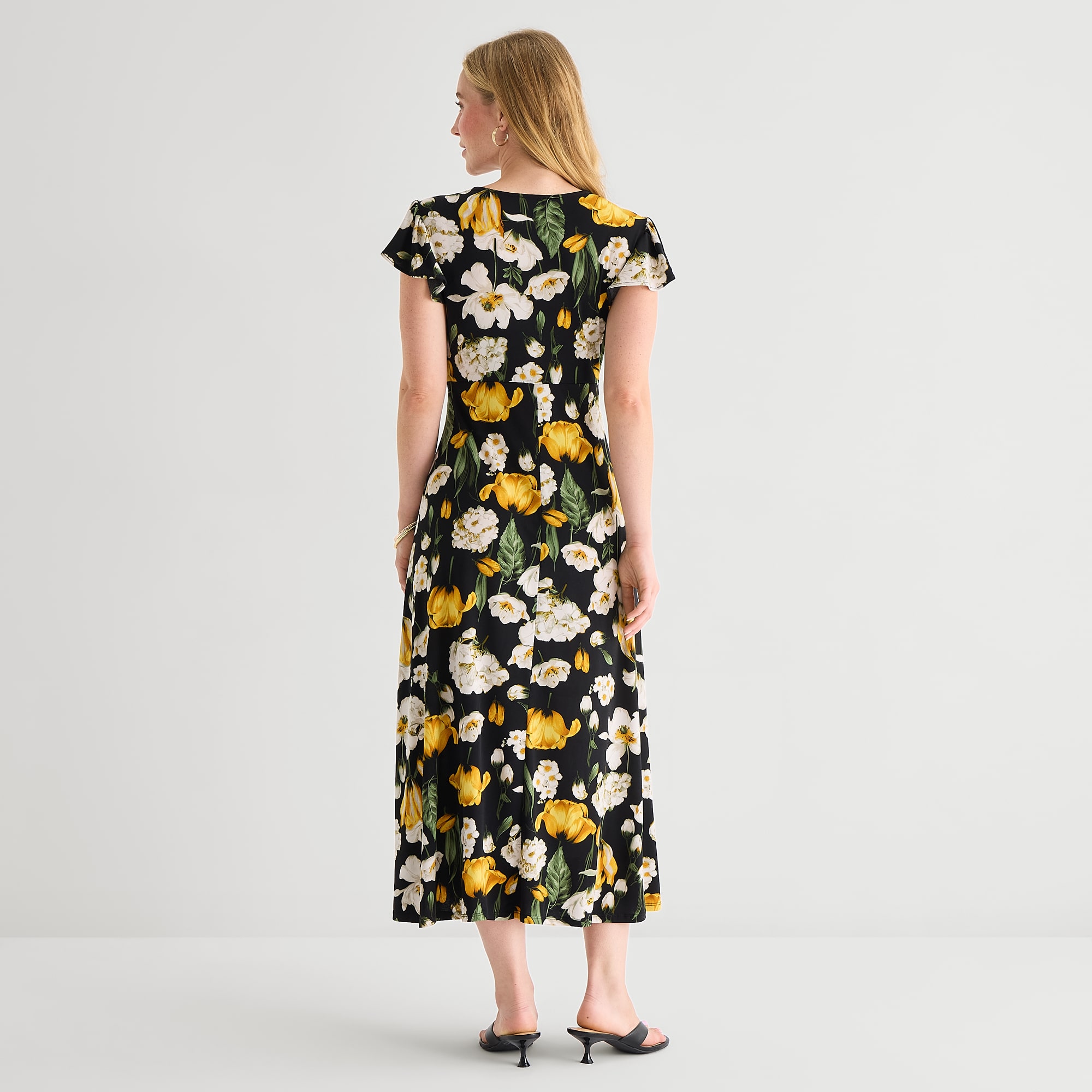 MSK Womens Petite V Neck Short Sleeve Flutter Maxi Dress