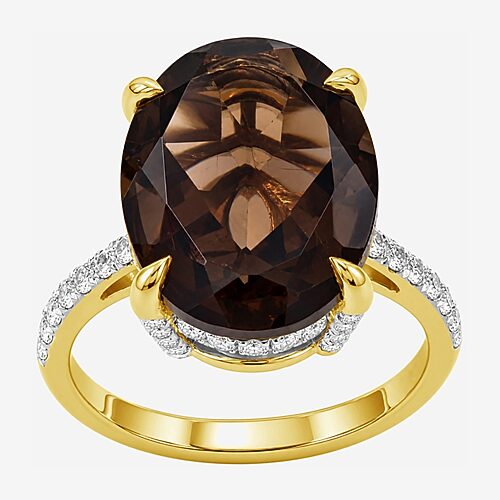 Limited Quantities! Womens Genuine Brown Quartz 14K Gold Over Silver Oval Side Stone Cocktail Ring, 9, Brown