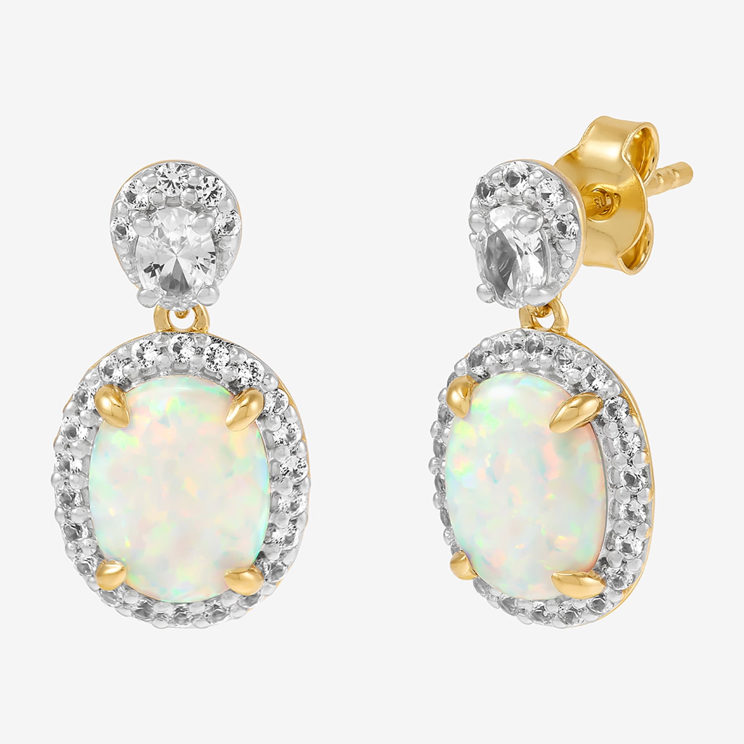 Womens Lab Created White Opal 14K Gold Over Silver Oval Drop Earrings