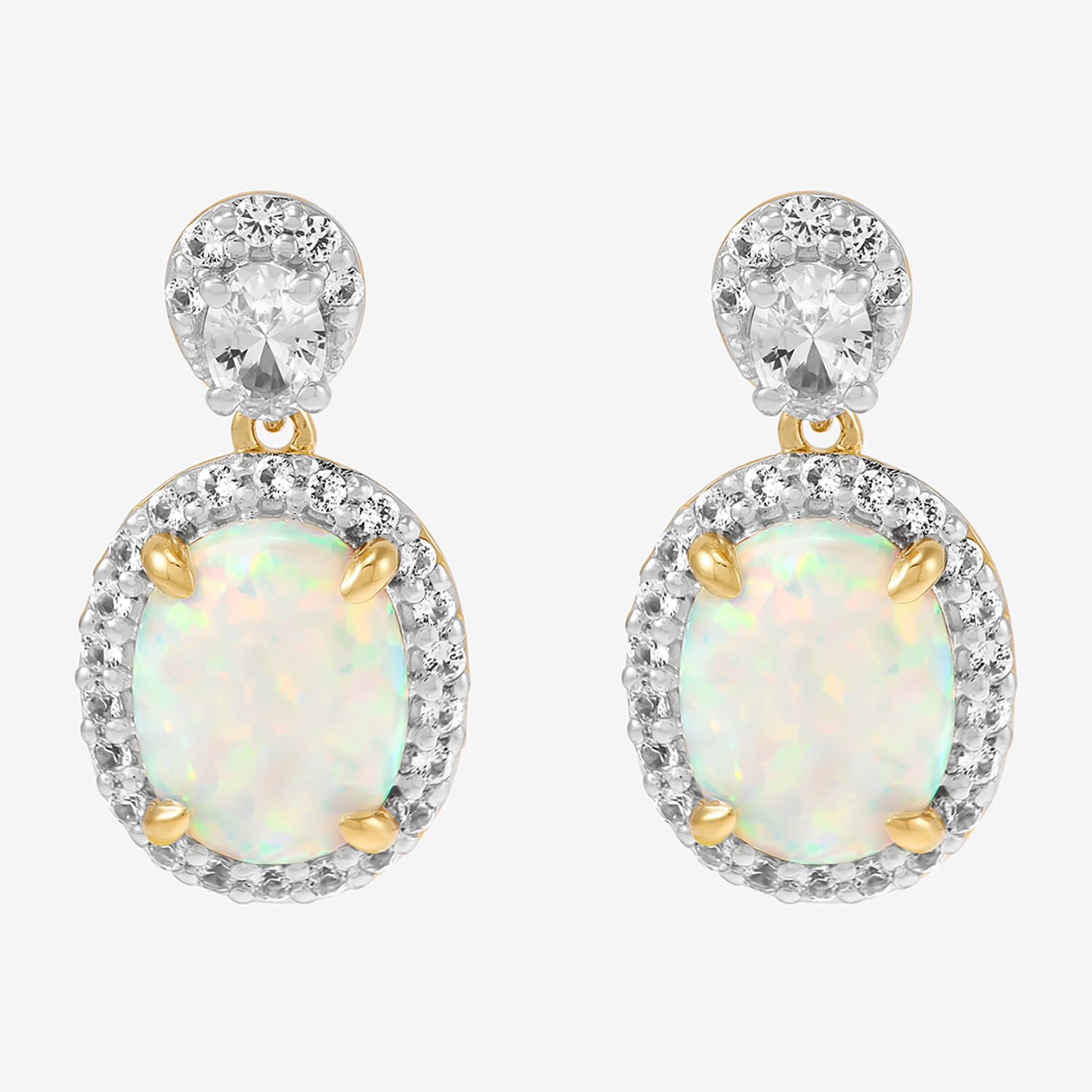 Womens Lab Created White Opal 14K Gold Over Silver Oval Drop Earrings