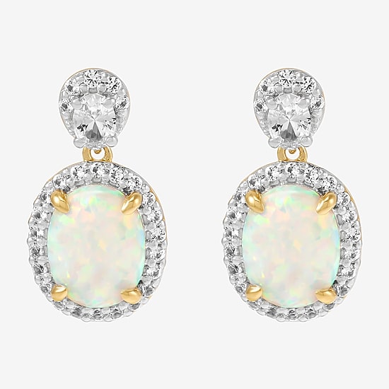 Womens Lab Created White Opal 14K Gold Over Silver Oval Drop Earrings