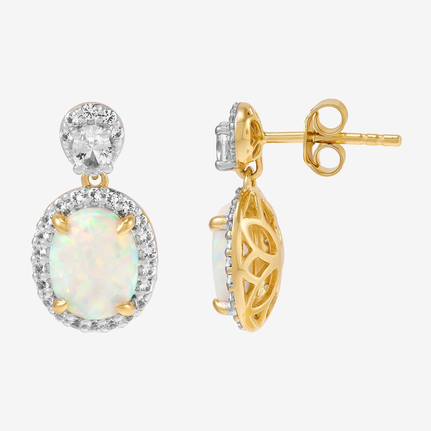 Womens Lab Created White Opal 14K Gold Over Silver Oval Drop Earrings