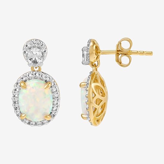 Womens Lab Created White Opal 14K Gold Over Silver Oval Drop Earrings