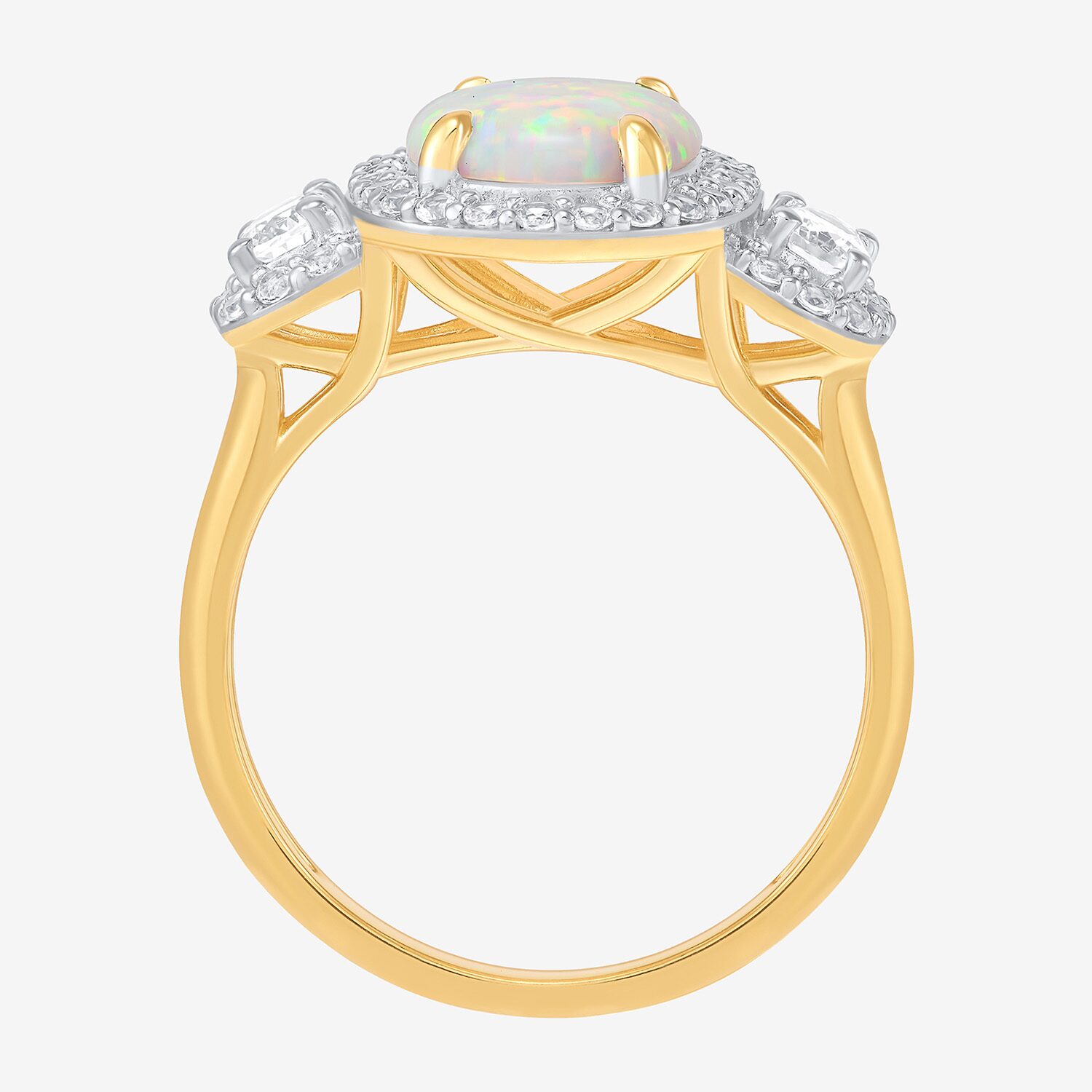 Womens Lab Created White Opal 14K Gold Over Silver Oval Halo 3-Stone Cocktail Ring