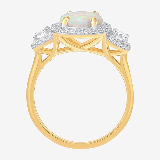 Womens Lab Created White Opal 14K Gold Over Silver Oval Halo 3-Stone Cocktail Ring