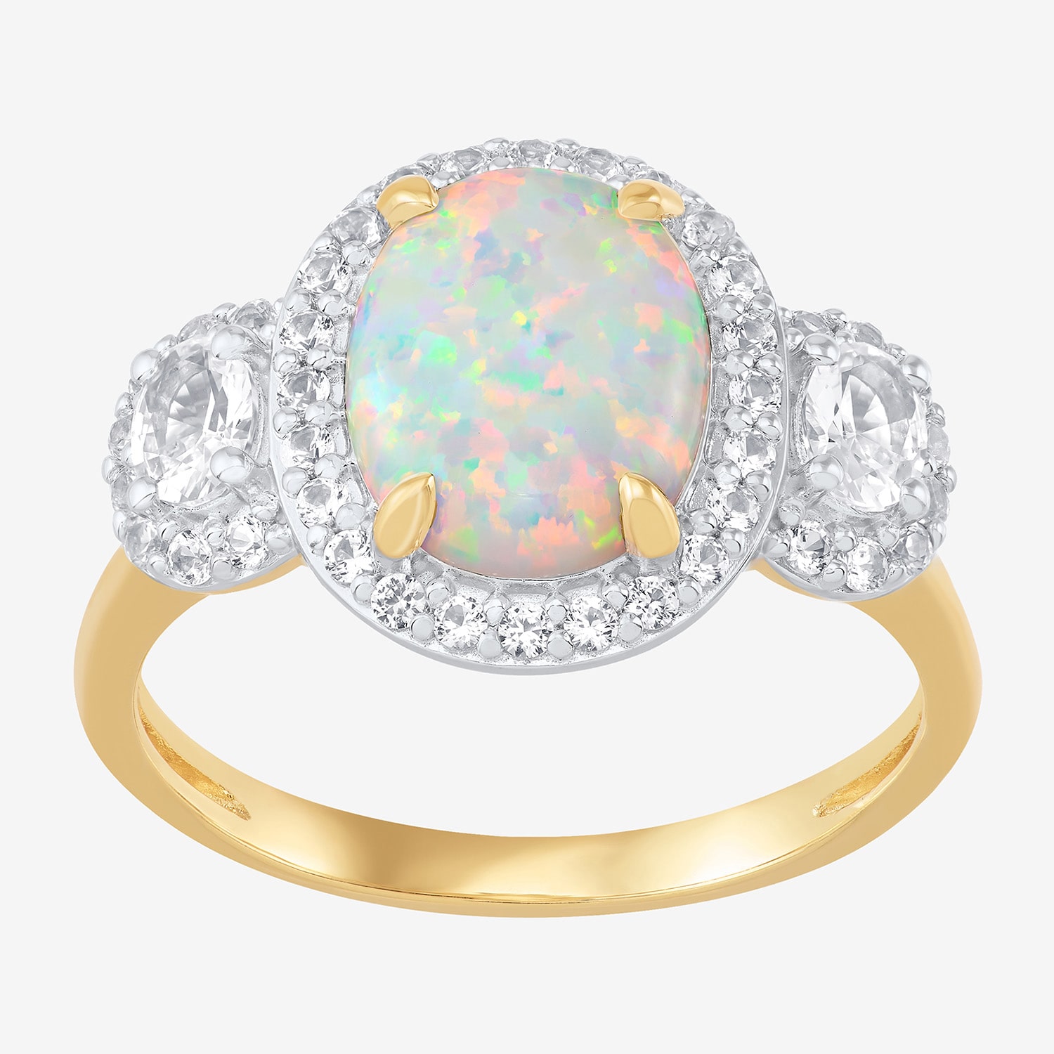 Womens Lab Created White Opal 14K Gold Over Silver Oval Halo 3-Stone Cocktail Ring