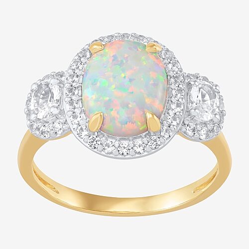 Womens Lab Created White Opal 14K Gold Over Silver Oval Halo 3-Stone Cocktail Ring, 7, White