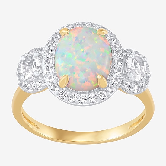 Womens Lab Created White Opal 14K Gold Over Silver Oval Halo 3-Stone Cocktail Ring