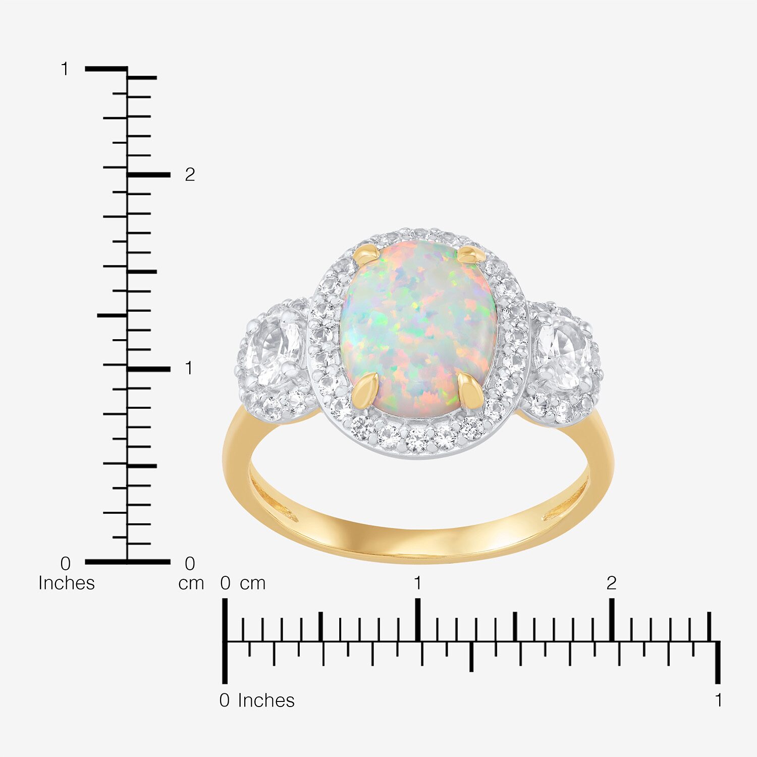 Womens Lab Created White Opal 14K Gold Over Silver Oval Halo 3-Stone Cocktail Ring